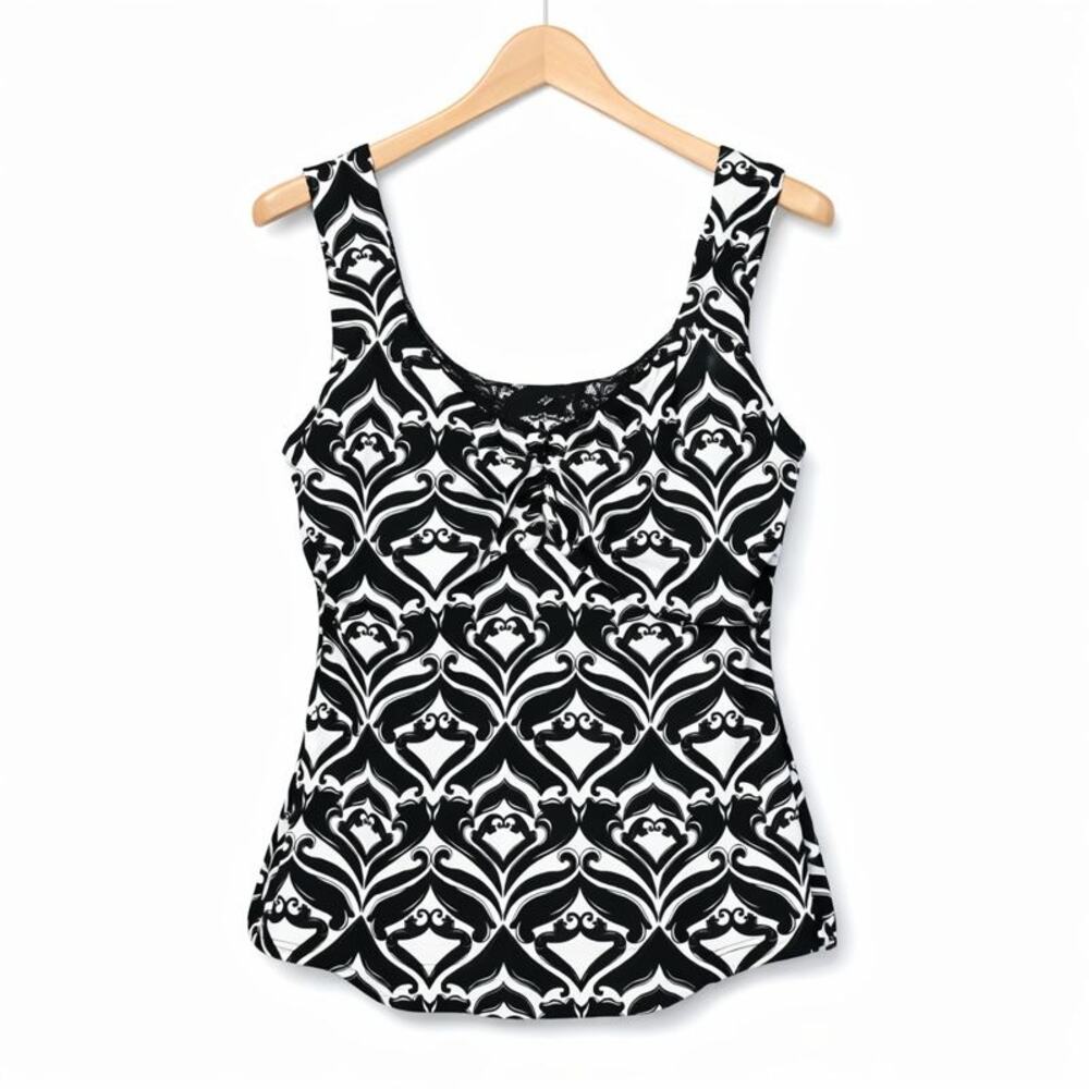 White House Black Market Babydoll Top Womens Size Large Black White Geometric
